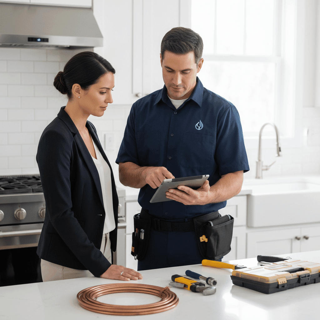 Licensed plumber reviewing work order with Fort Myers customer