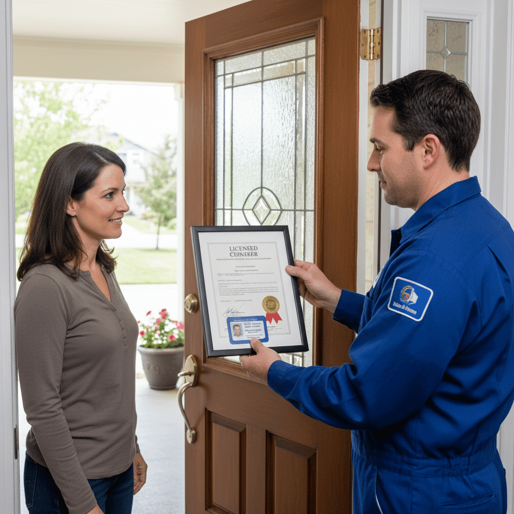 Licensed plumber showing credentials to Fort Myers homeowner
