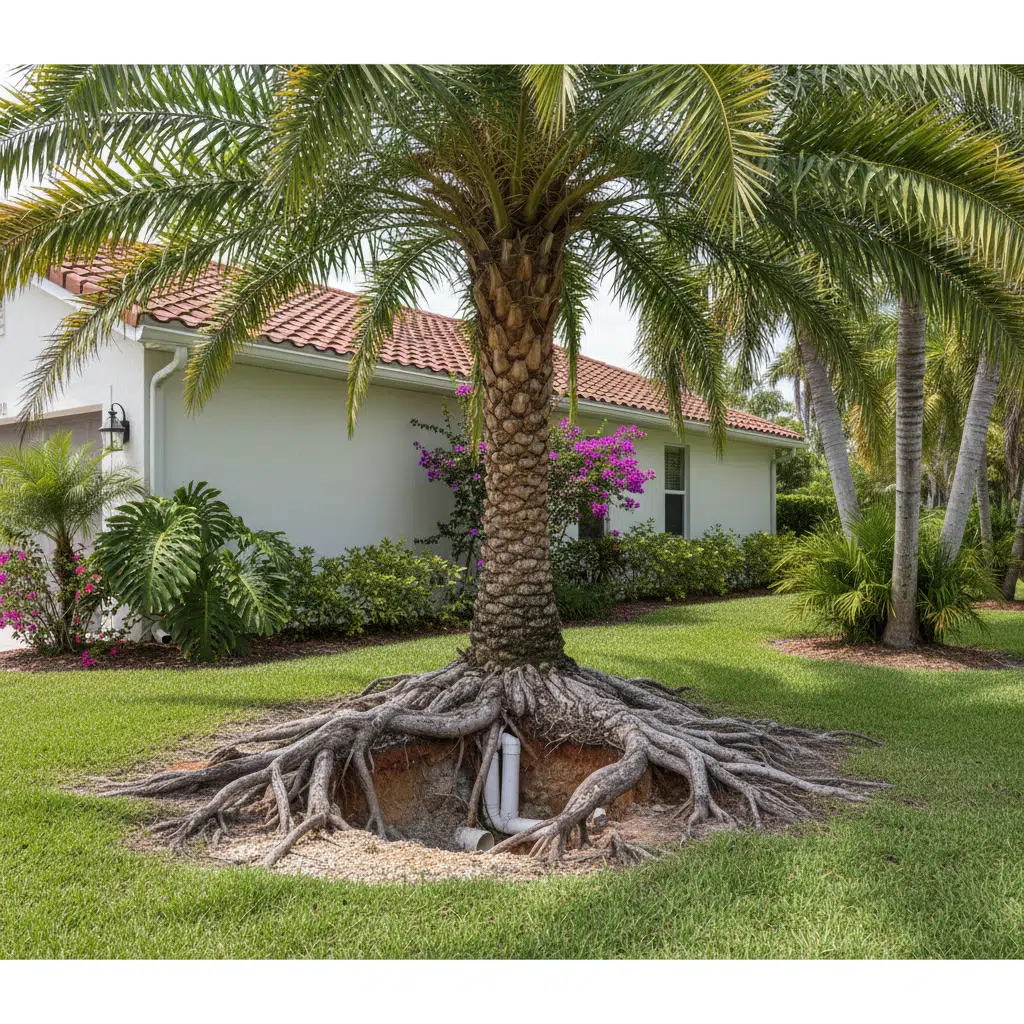 Mature tree near Fort Myers home with roots spreading toward underground plumbing