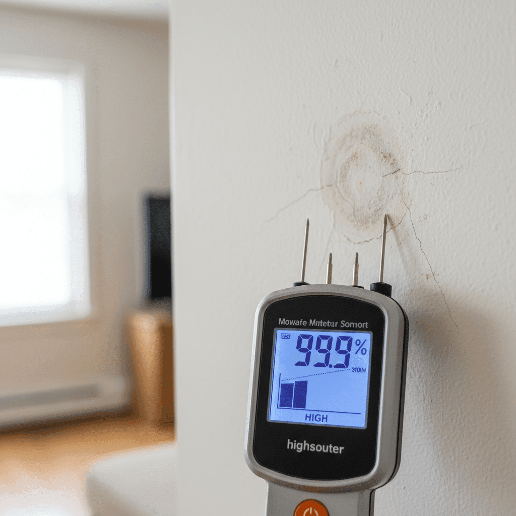 Moisture meter showing hidden leak behind wall