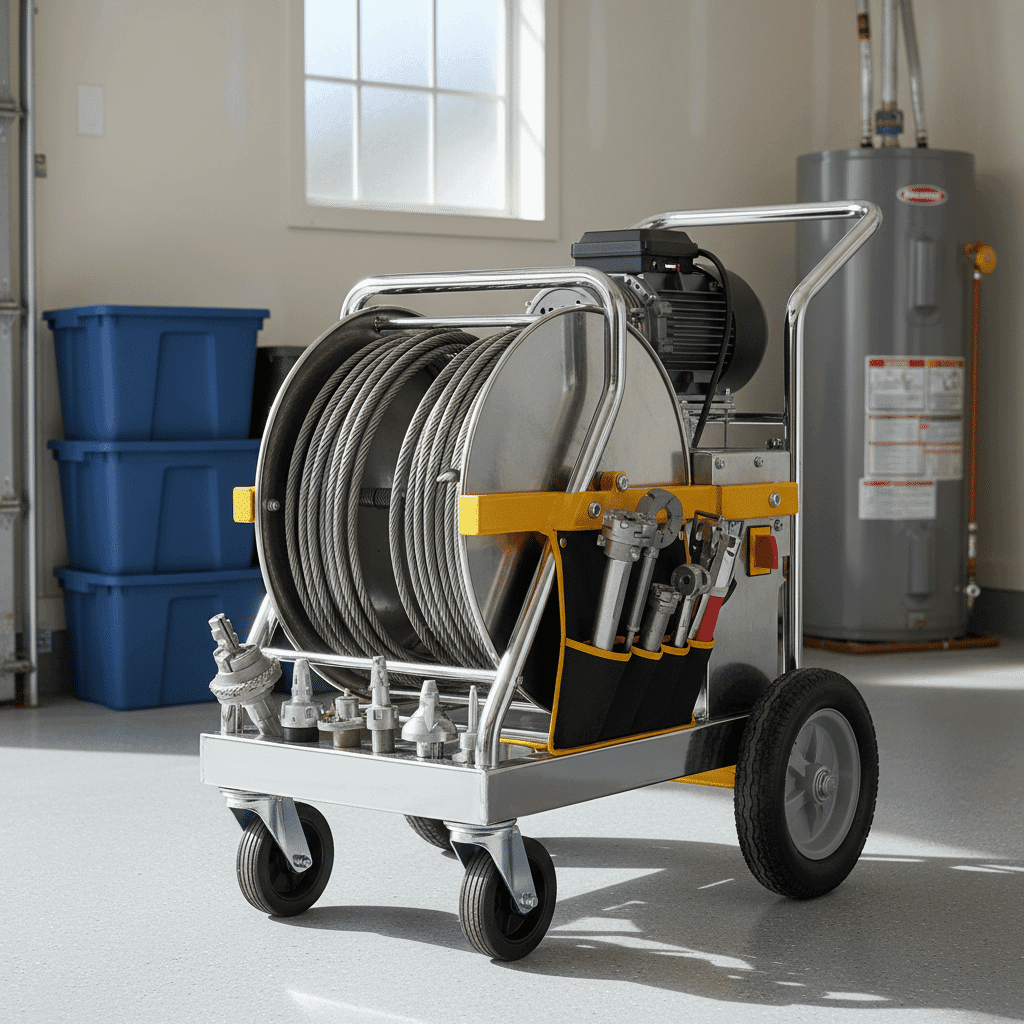 Motorized drain cleaning equipment for residential plumbing service