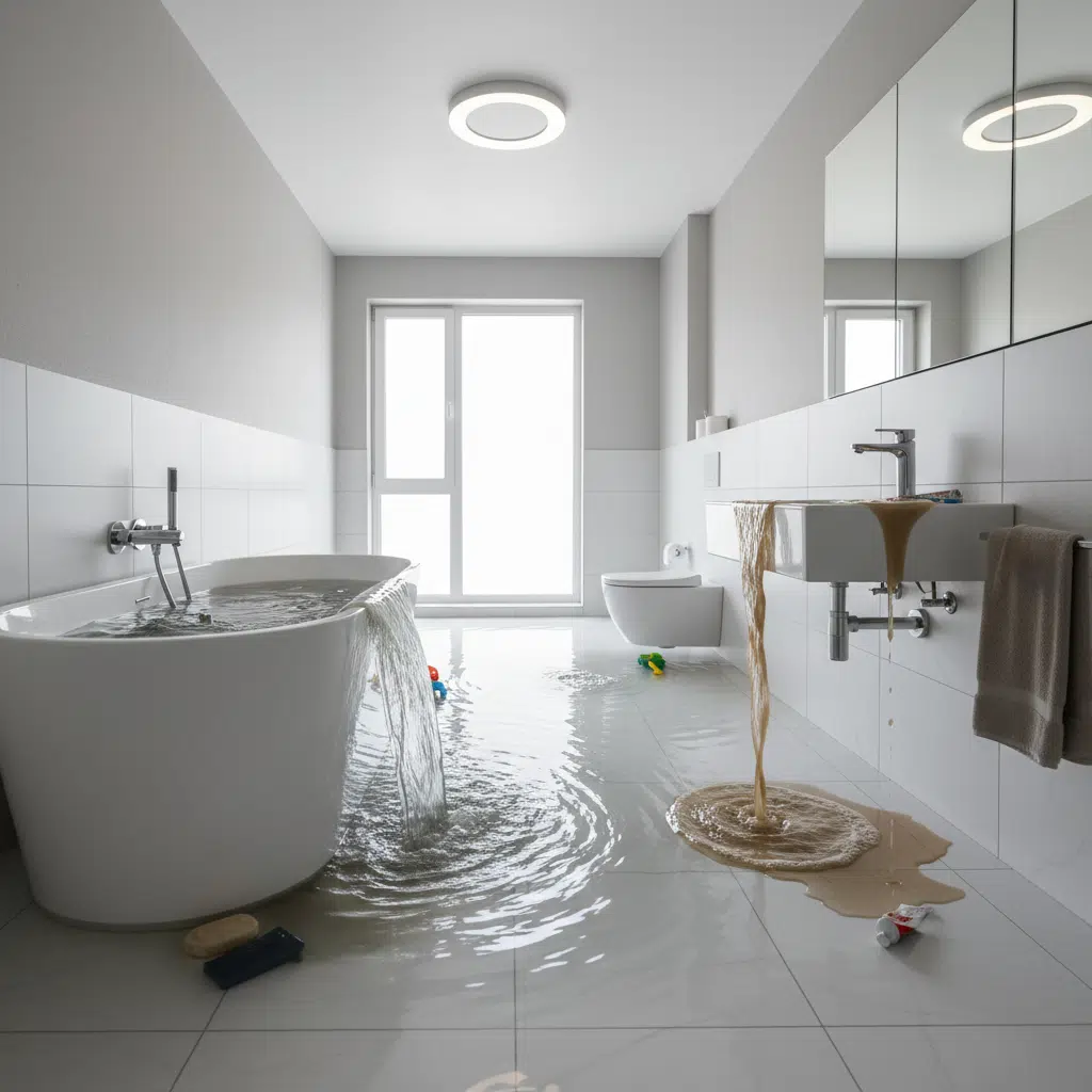 Multiple drain backup in bathroom showing signs of serious drain blockage