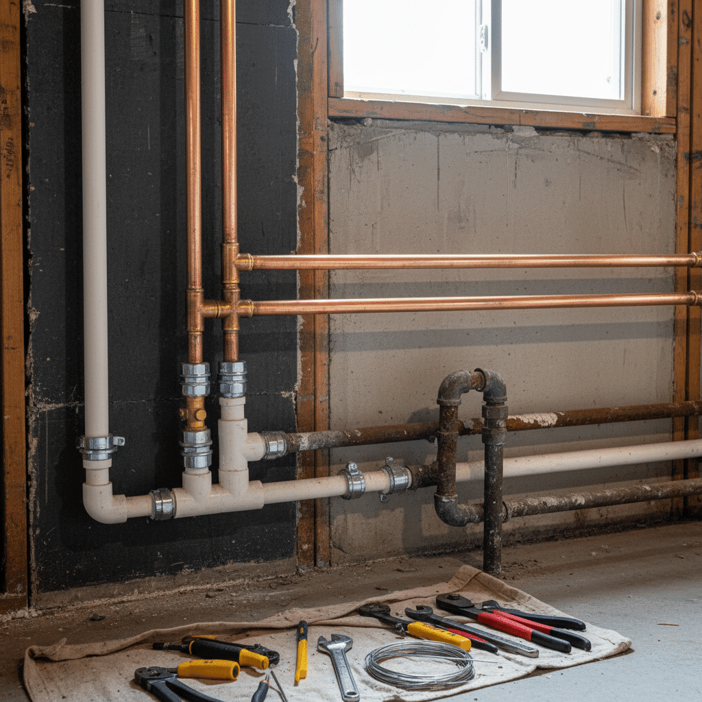 New copper and PVC plumbing replacing outdated old system
