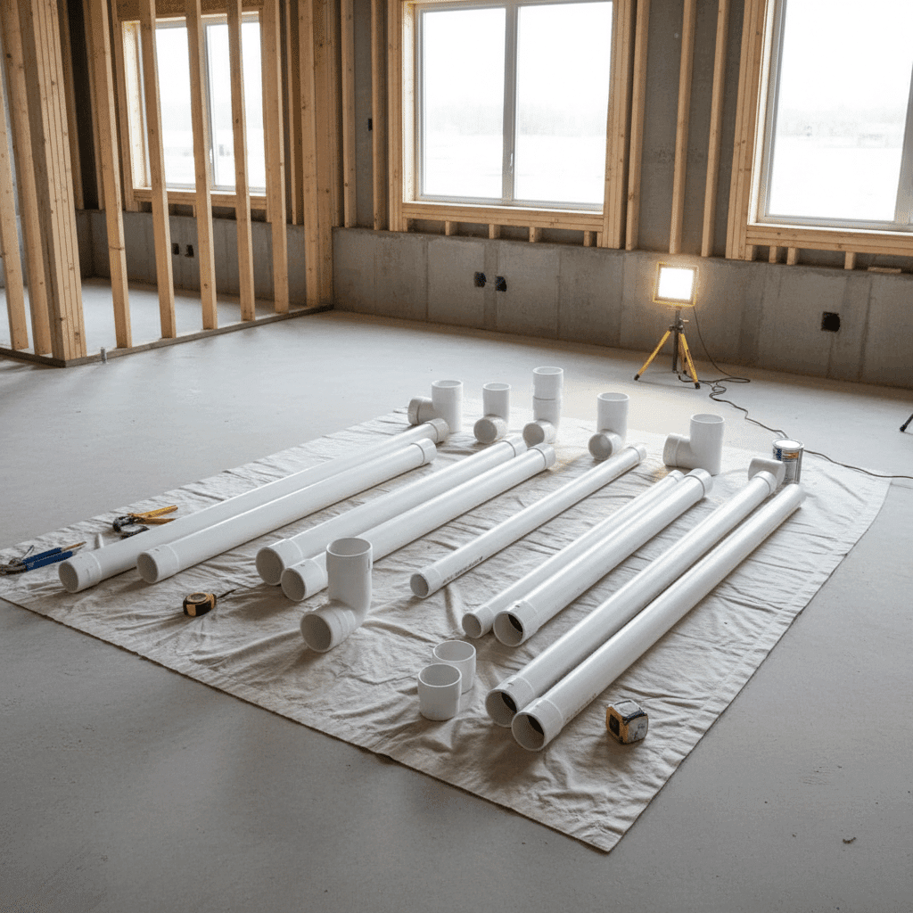 New drain pipes laid out for professional installation project