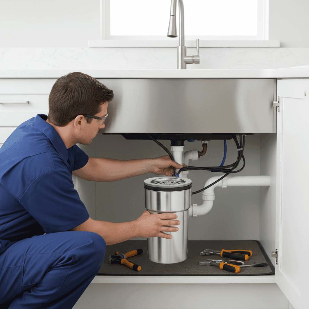 New garbage disposal installation under kitchen sink in Fort Myers