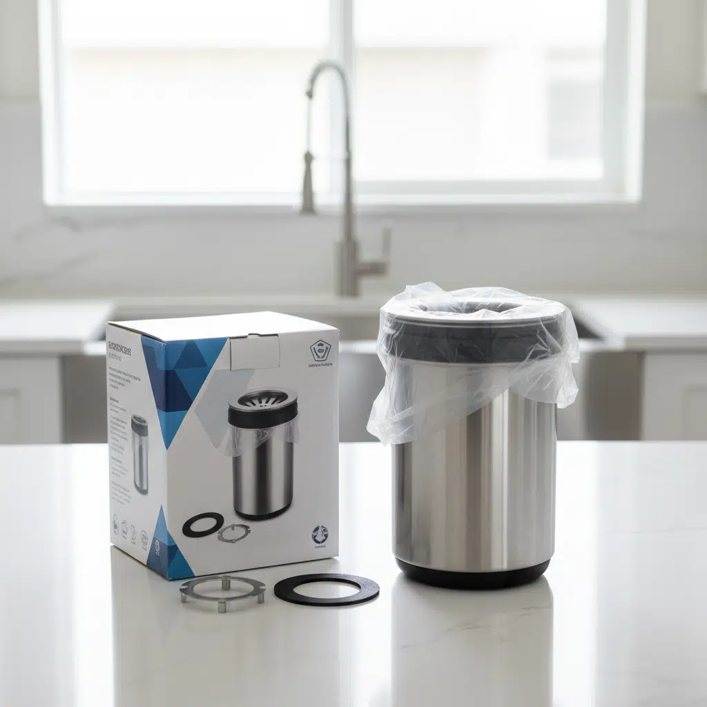 New garbage disposal unit ready for professional installation