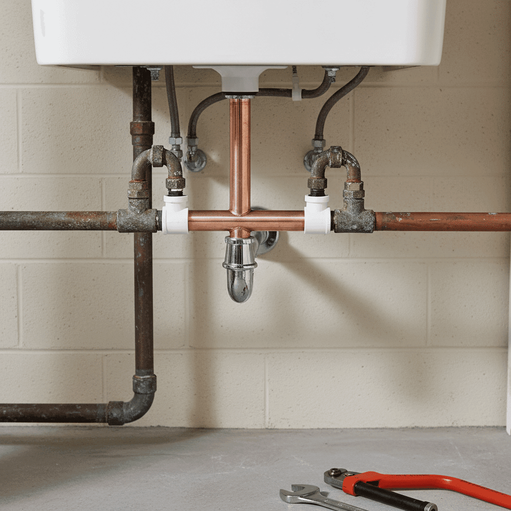 New pipe section replacing severely damaged pipes