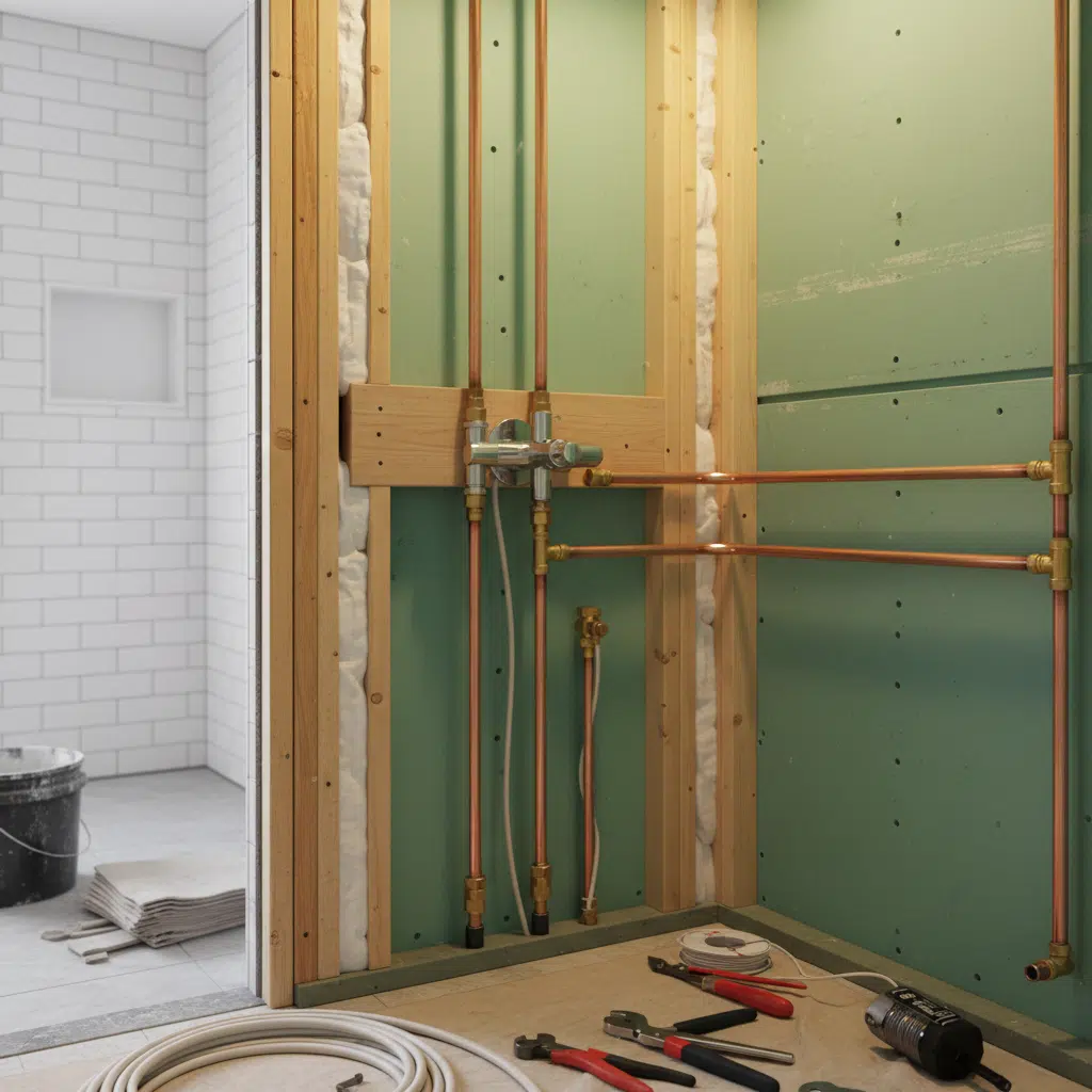 New shower valve and supply line installation in a bathroom in Estero, Florida