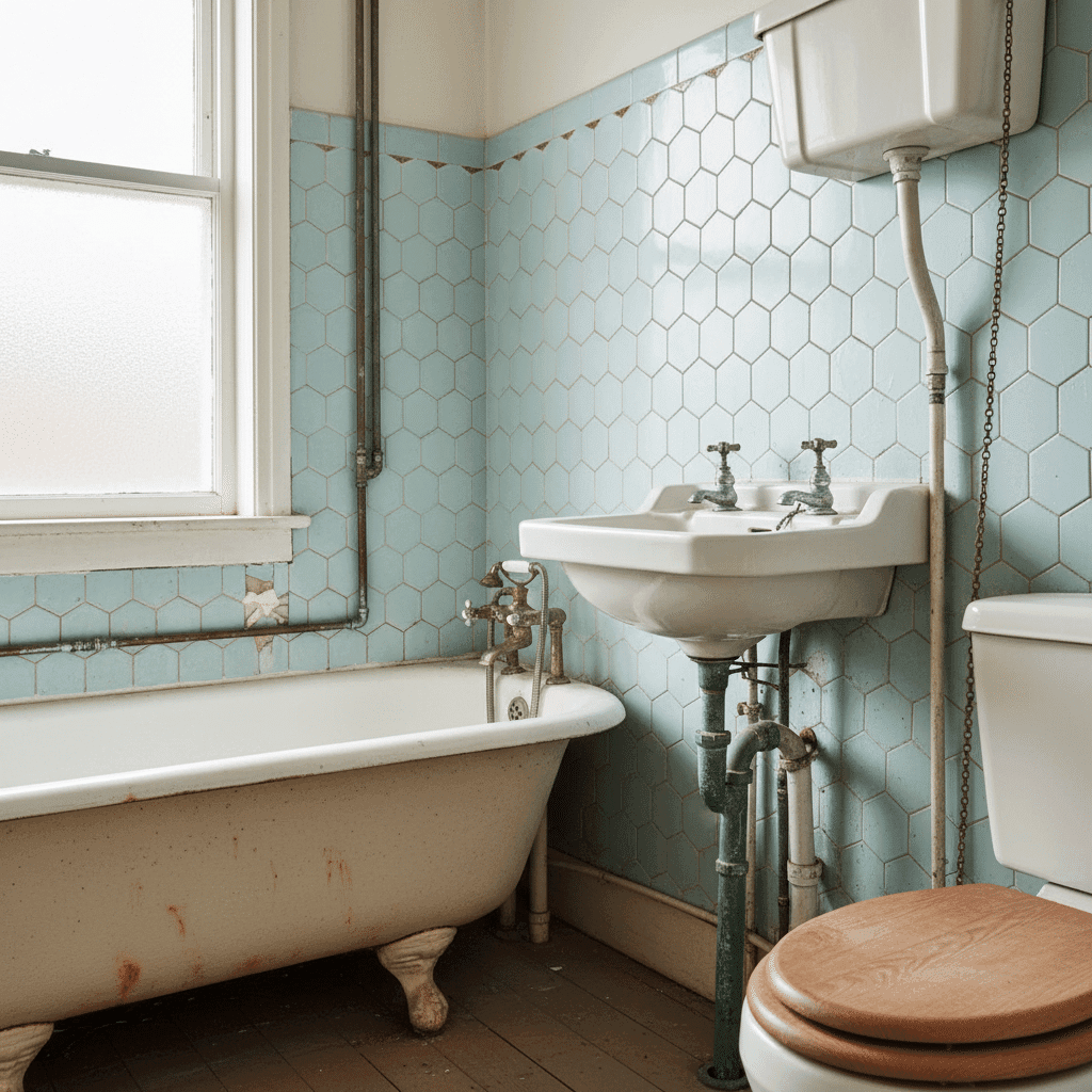 Old bathroom fixtures with dated plumbing needing update