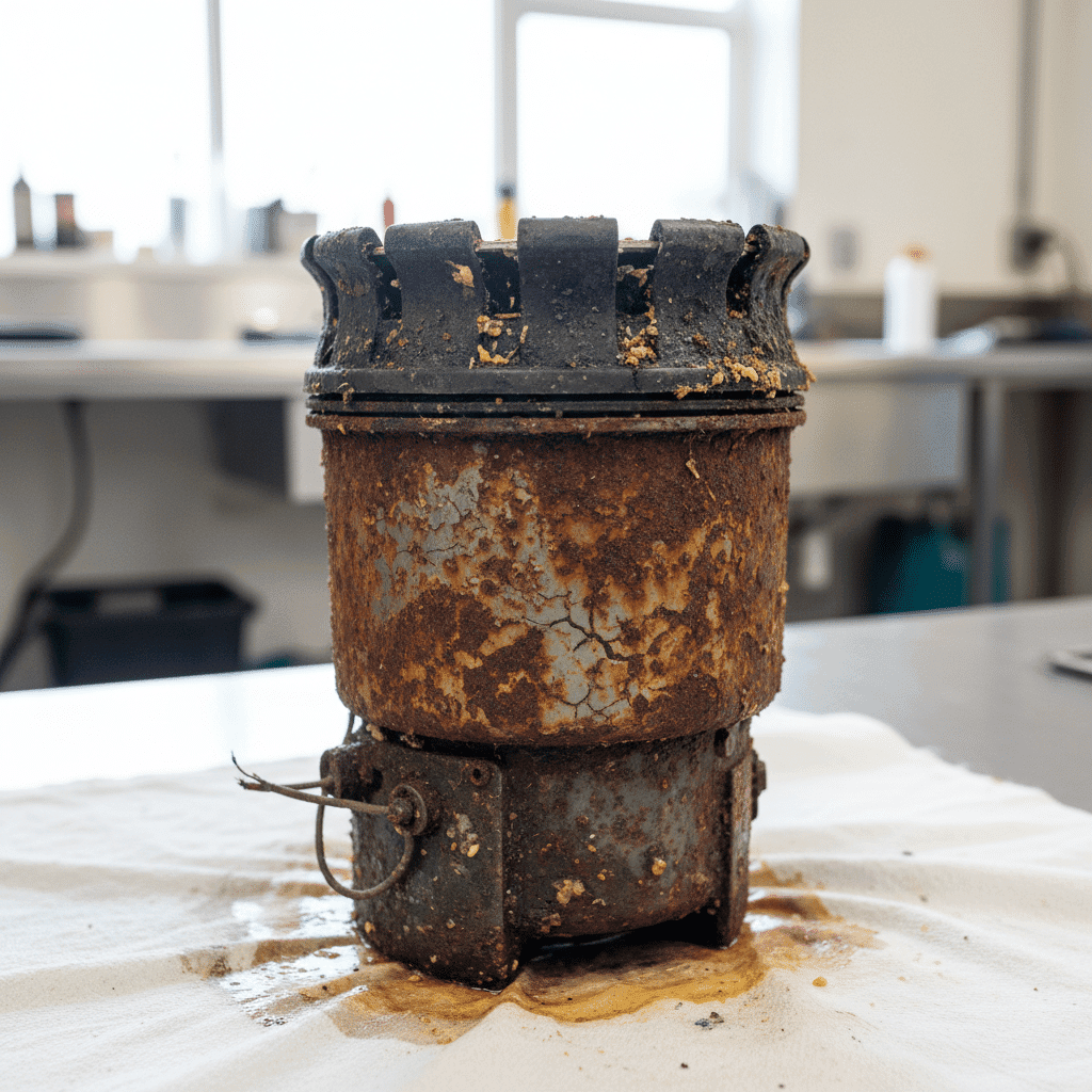 Old corroded garbage disposal removed from sink needing replacement