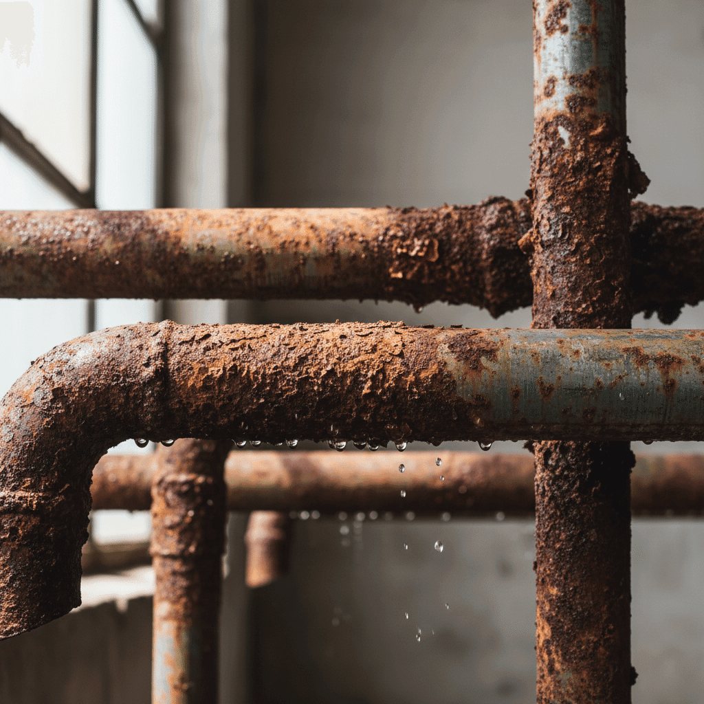 Old galvanized pipes with heavy corrosion and rust buildup