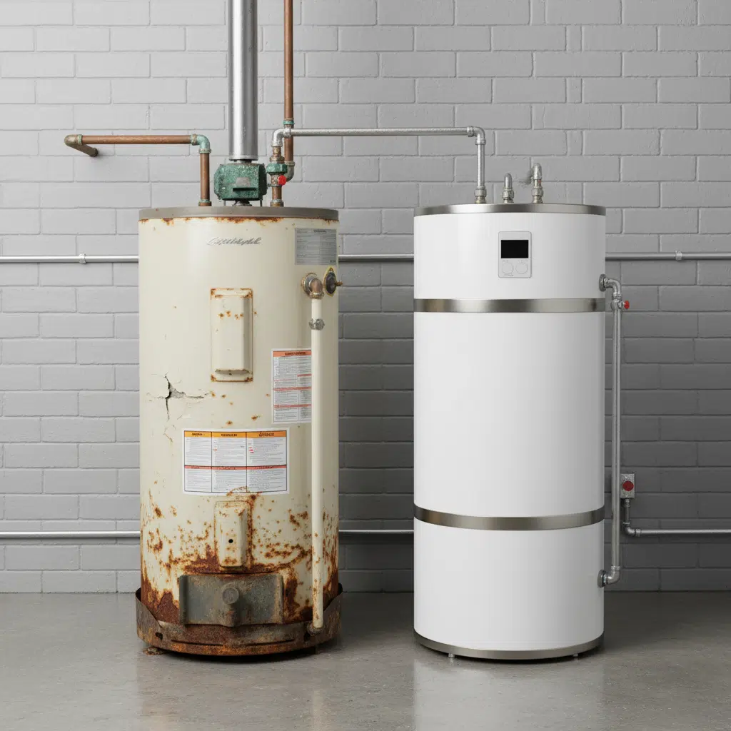 Old water heater next to modern replacement unit