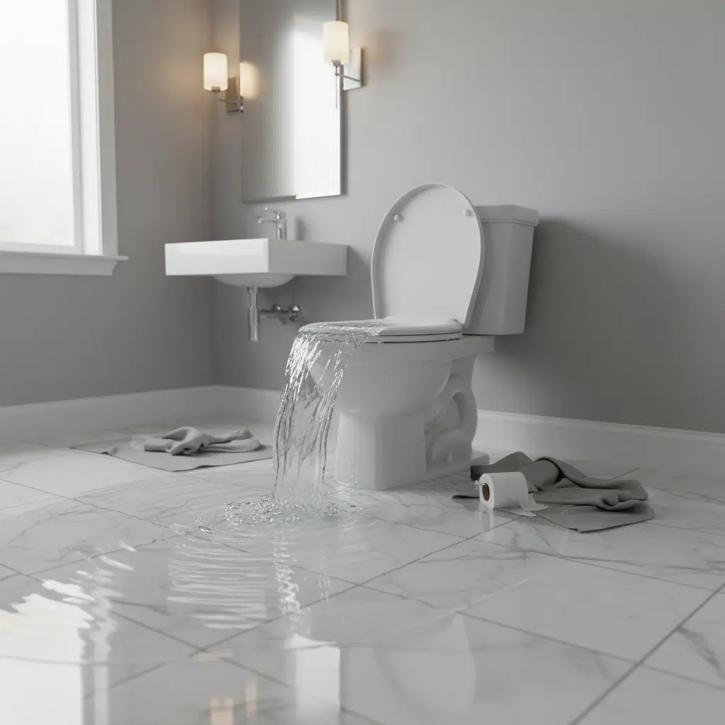 Overflowing toilet flooding a bathroom floor in a Cape Coral, Florida home
