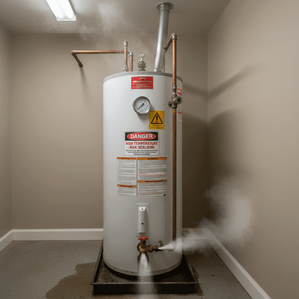 Overheated water heater with temperature warning signs