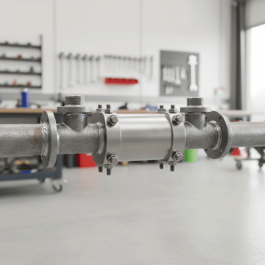 Pipe section repaired with professional coupling and fittings