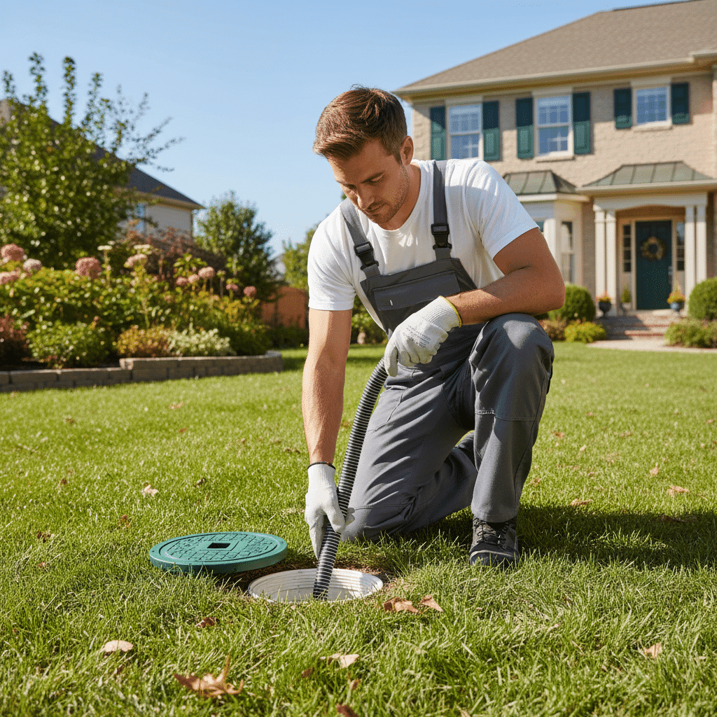 Plumber accessing main sewer cleanout in yard in Lehigh Acres, Florida