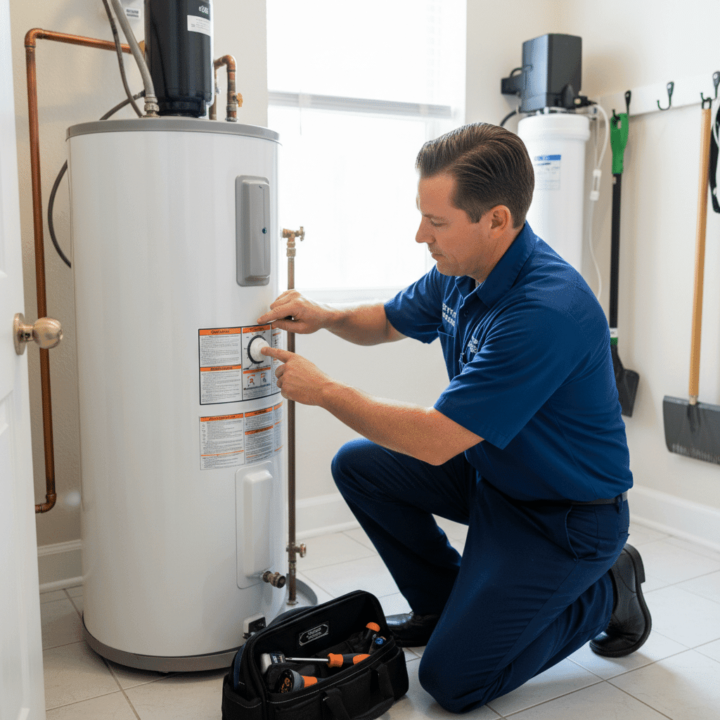 Plumber adjusting water heater settings for Fort Myers summer