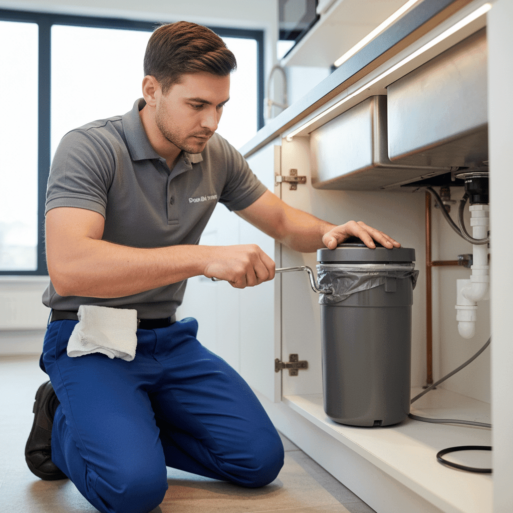 Plumber using Allen wrench to reset stuck garbage disposal