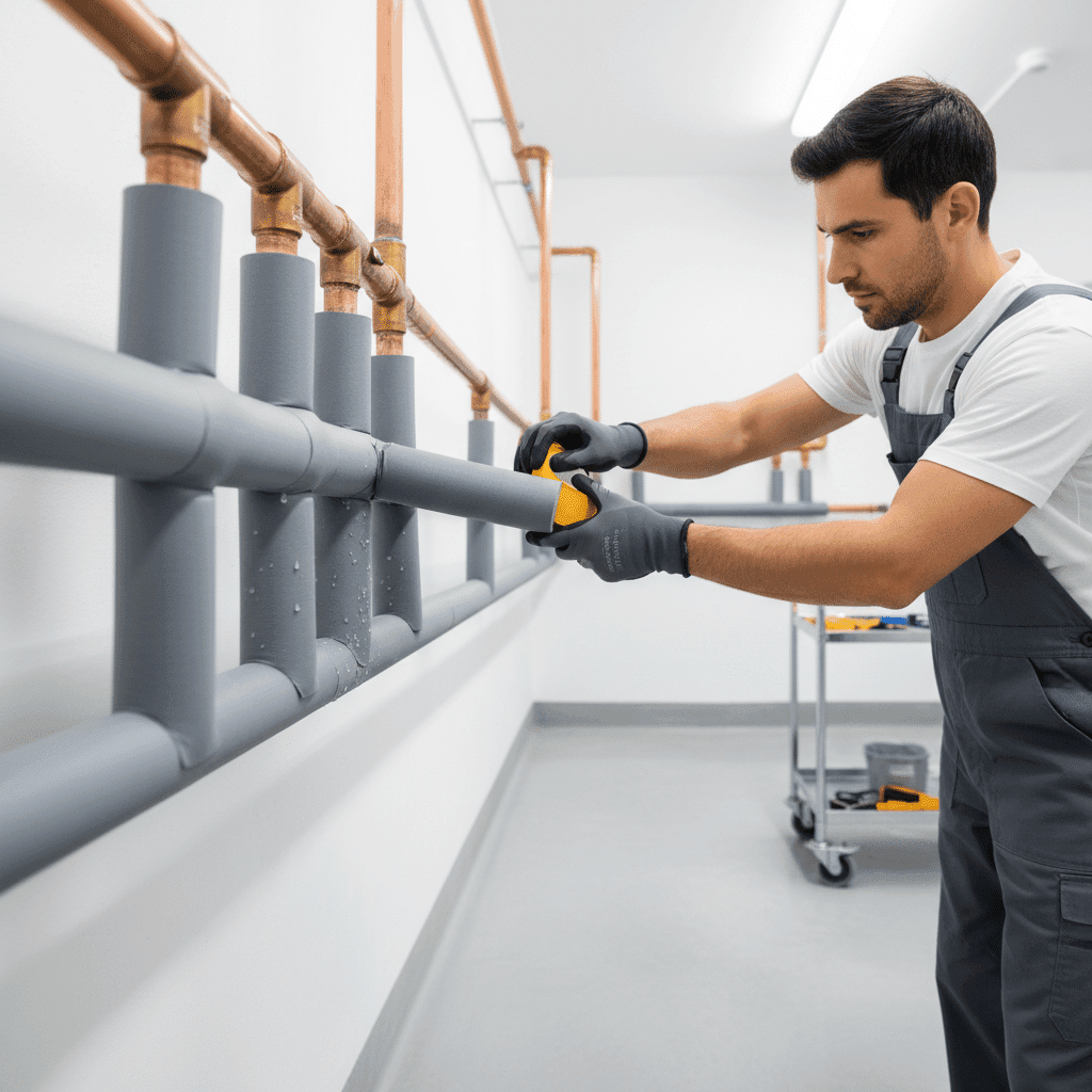 Plumber applying pipe insulation to prevent corrosion