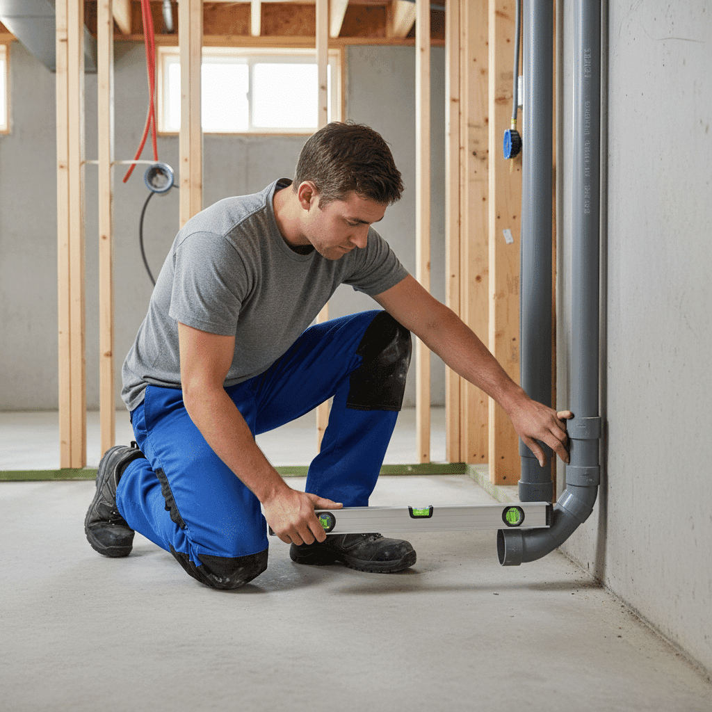 Plumber checking drain pipe grade with level tool