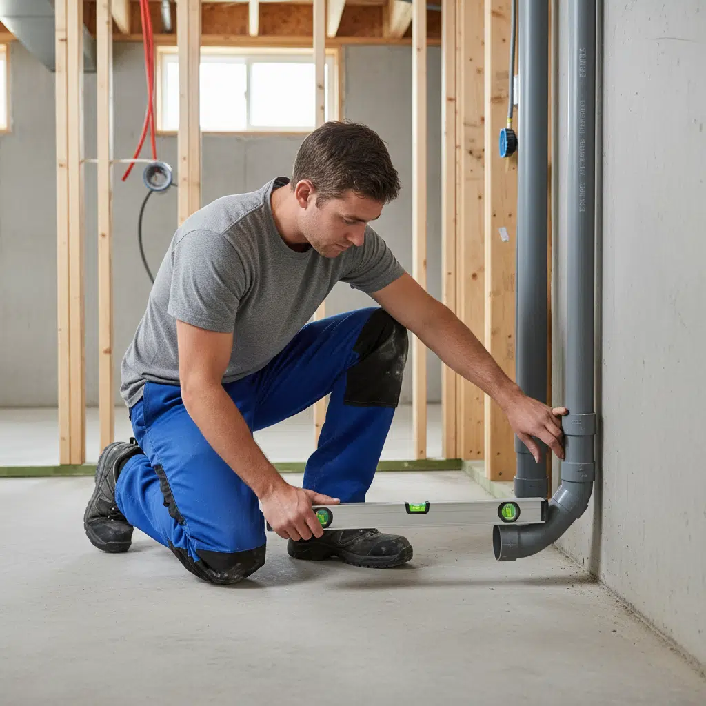 Plumber checking drain pipe grade with level tool to diagnose gurgling sounds in Southwest Florida