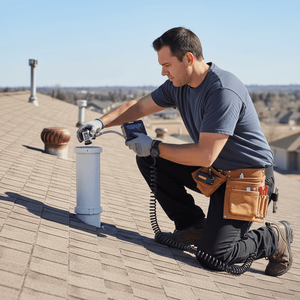 Plumber checking toilet vent pipe on roof in Fort Myers, Florida
