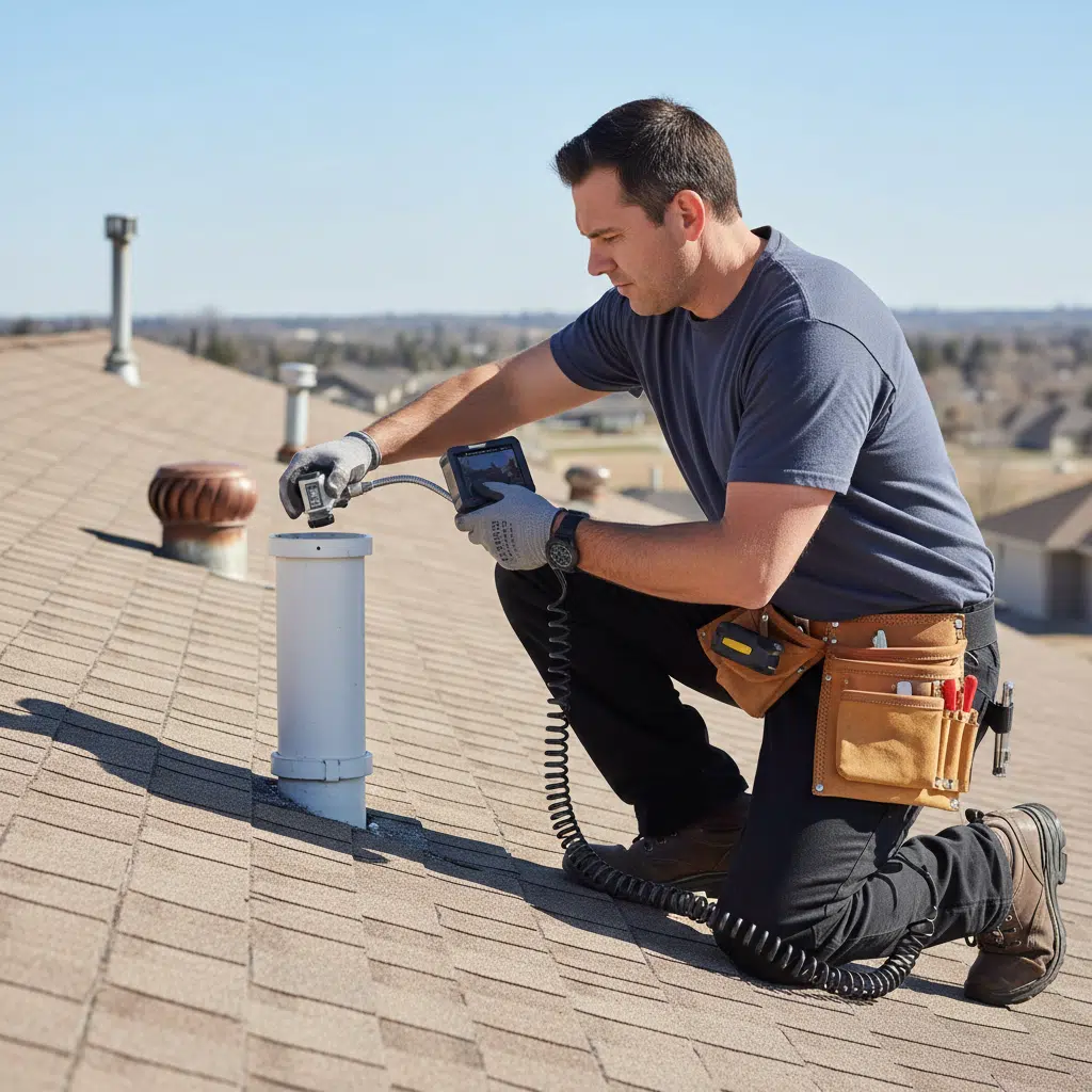 Plumber checking toilet vent pipe on roof