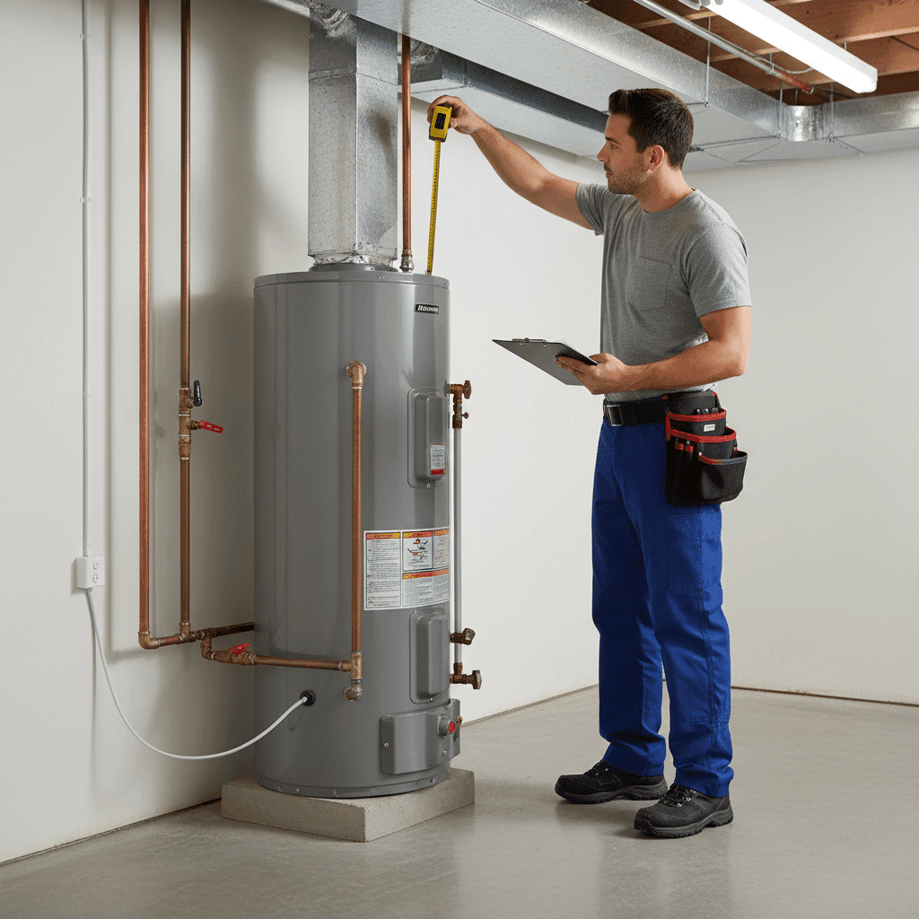Plumber checking water heater installation clearances for code compliance
