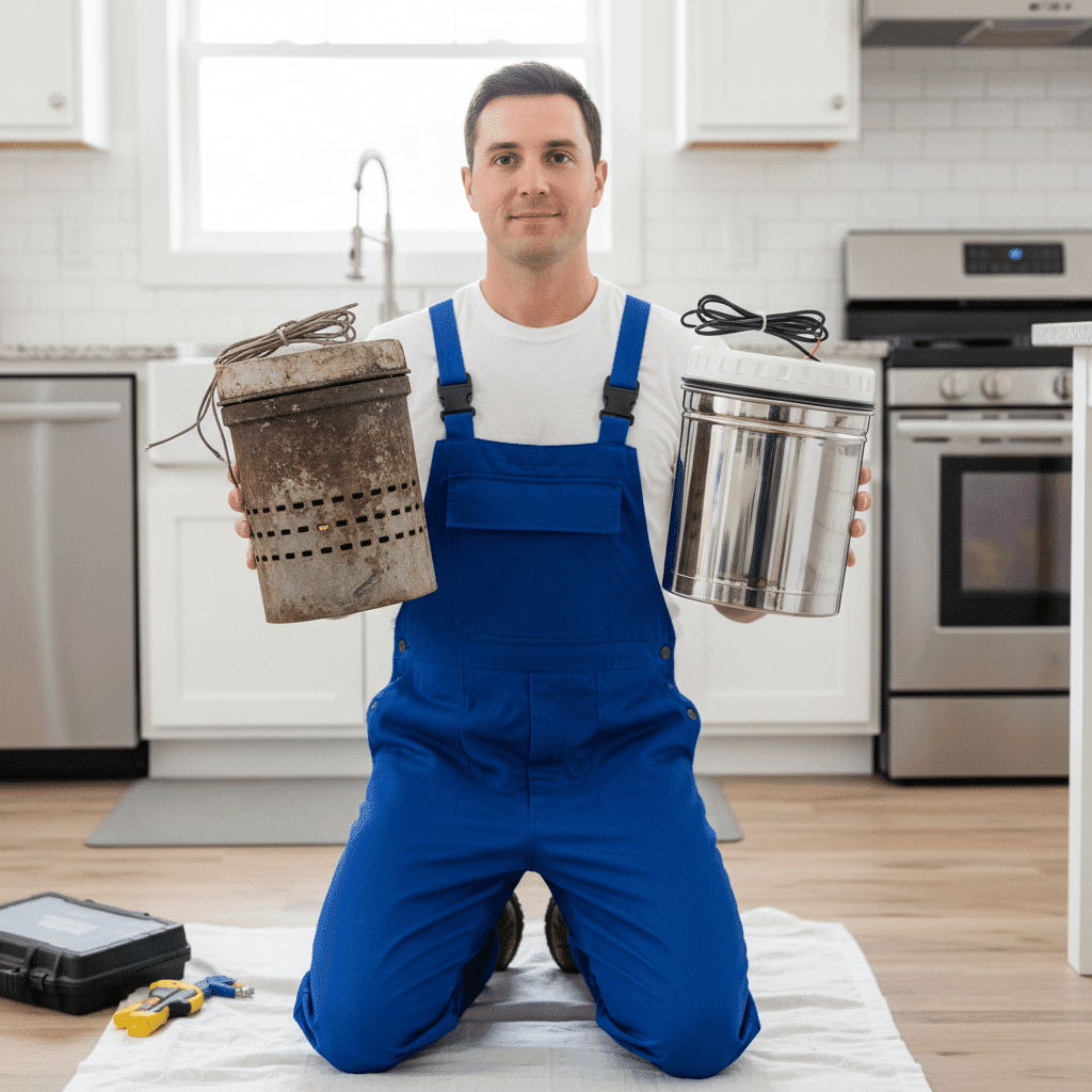 Plumber comparing old and new garbage disposal units in Fort Myers