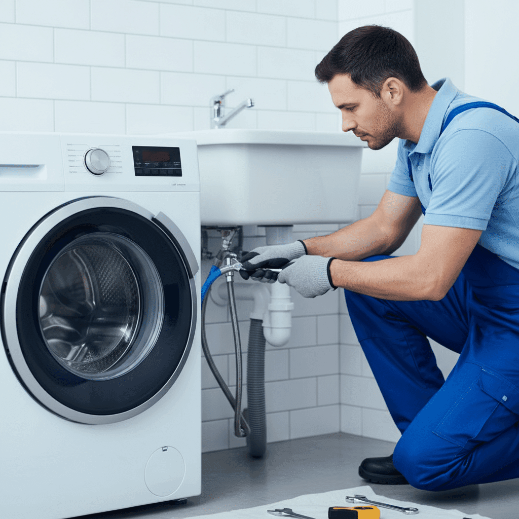 Plumber connecting washing machine supply and drain lines