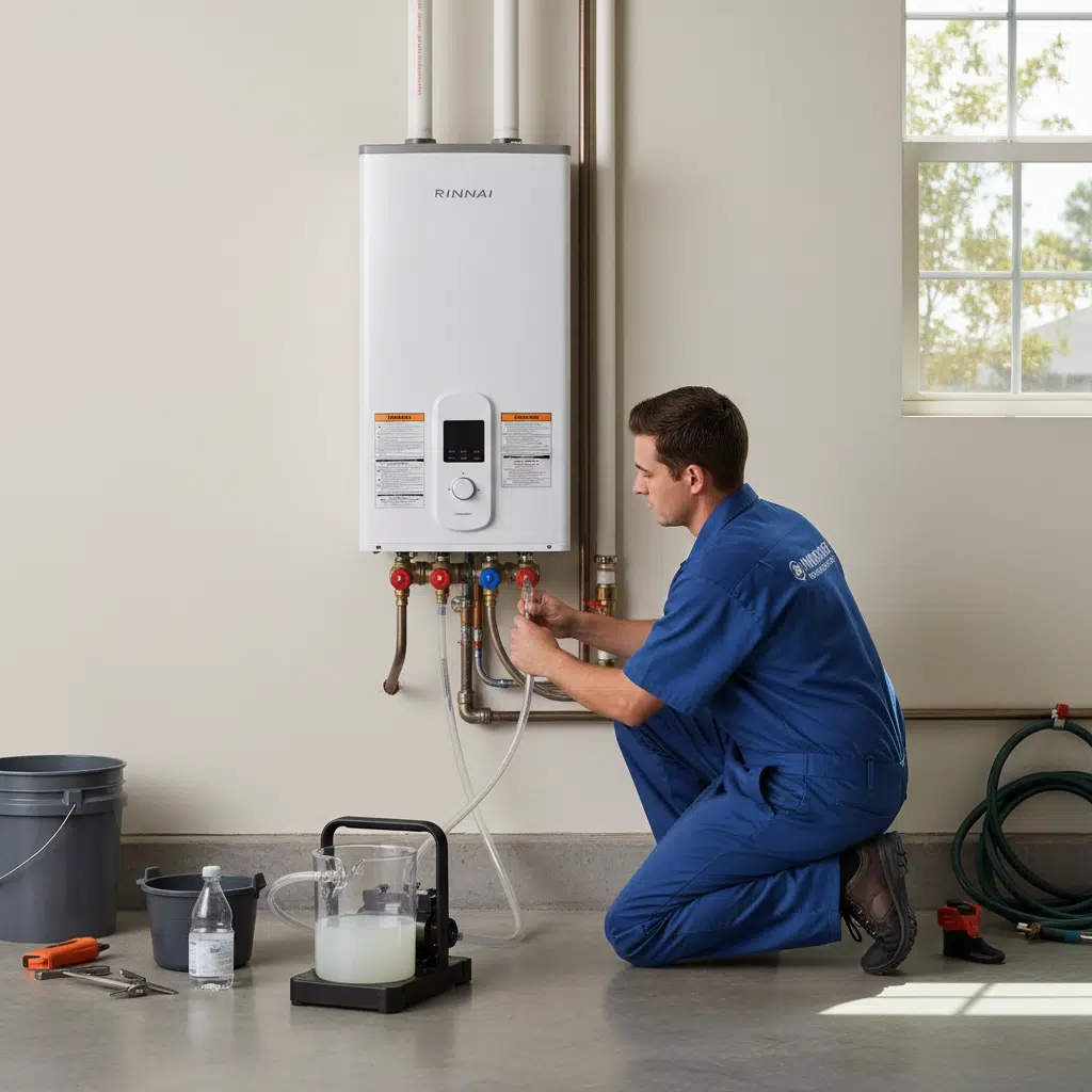 Professional plumber performing annual descaling maintenance on Rinnai tankless water heater