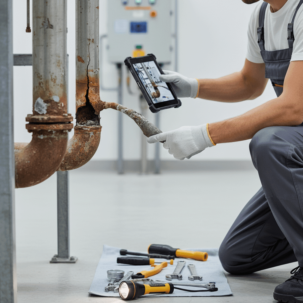 Plumber documenting deteriorating pipe conditions
