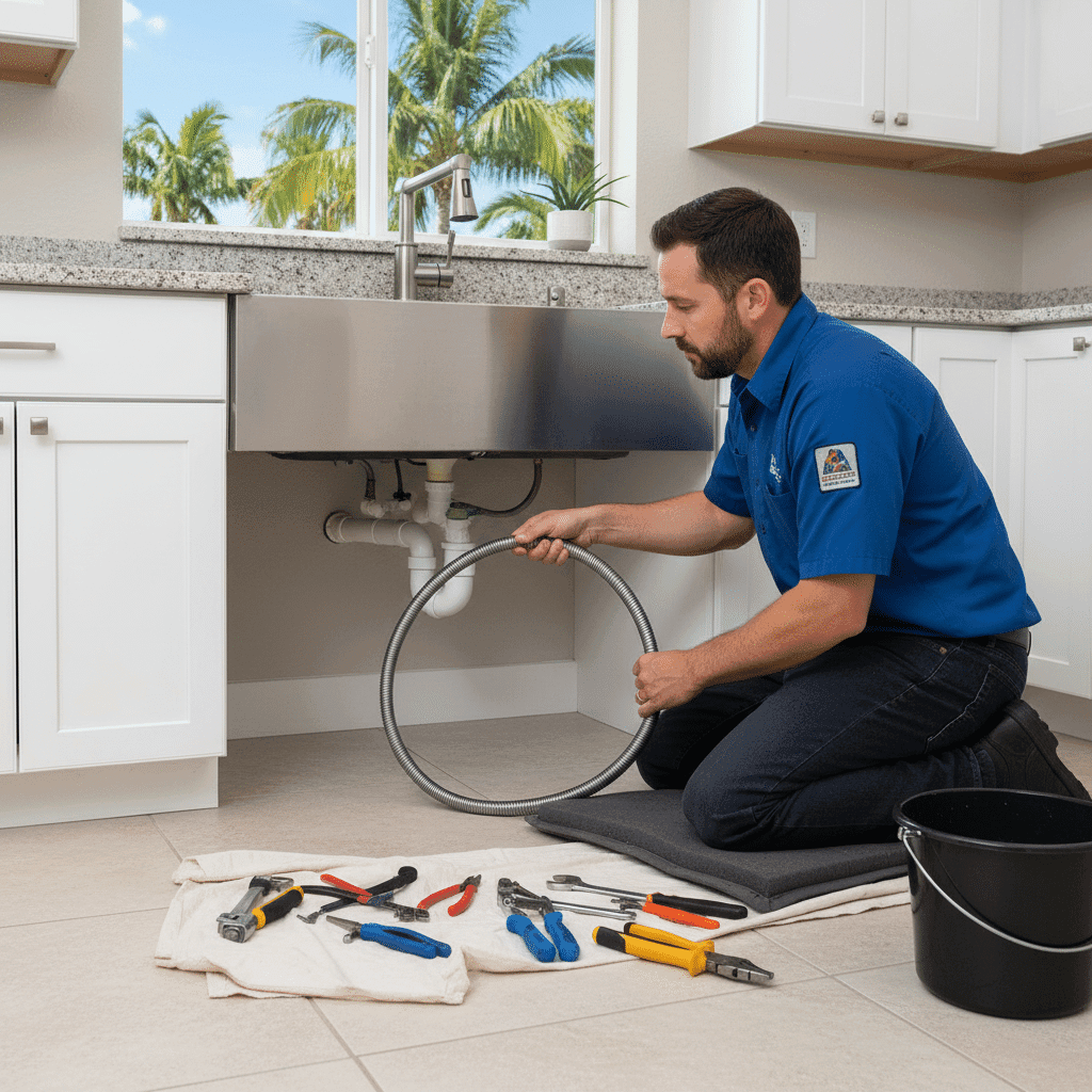 Professional plumber performing drain cleaning service in Fort Myers home
