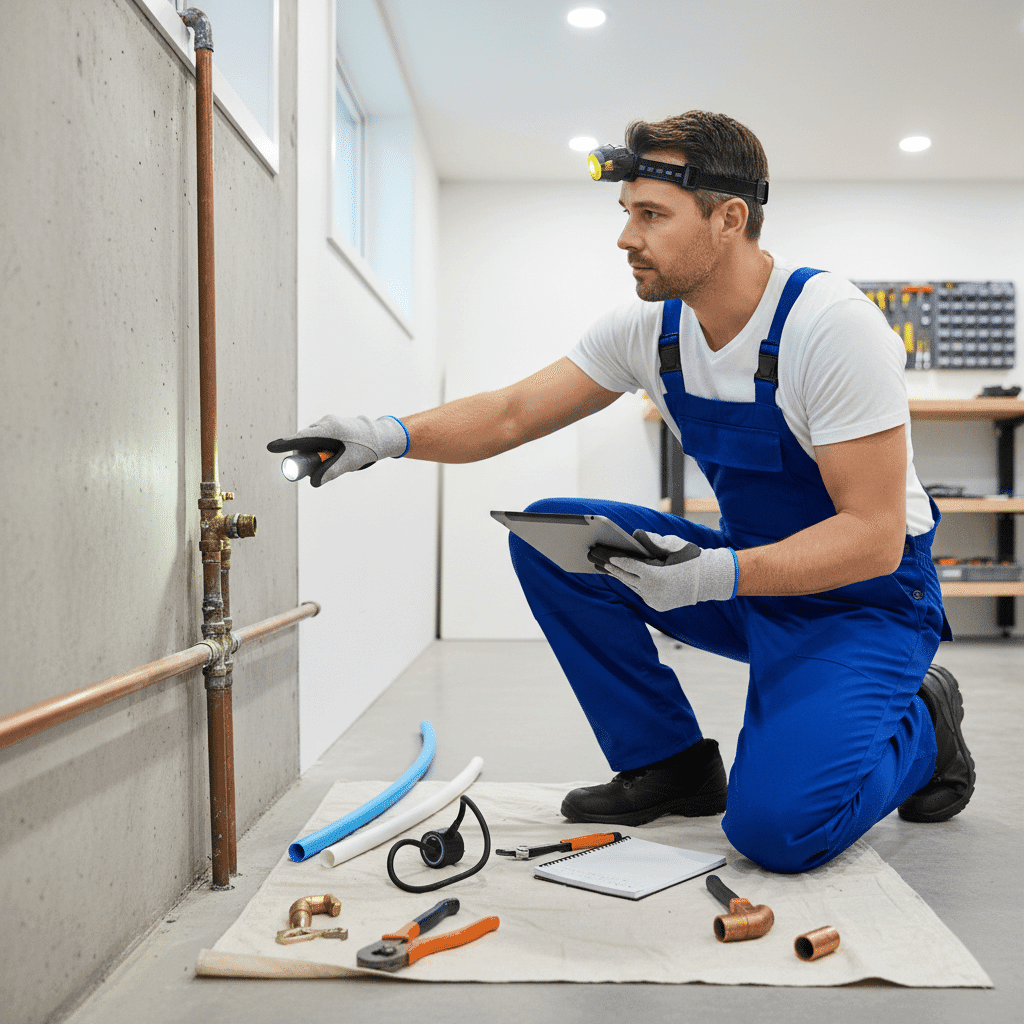 Plumber evaluating pipe damage to decide repair or replacement