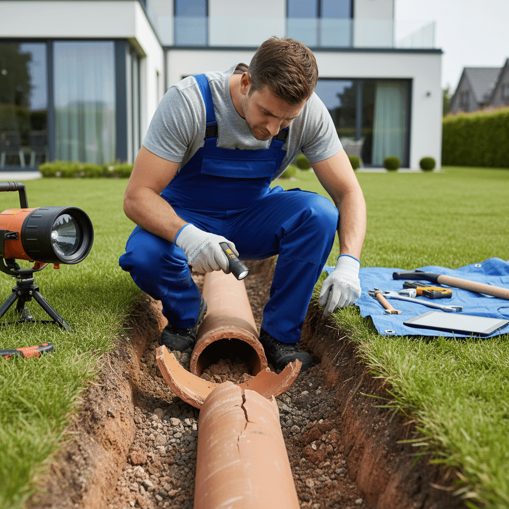 Plumber examining damaged sewer pipe section with visible cracks
