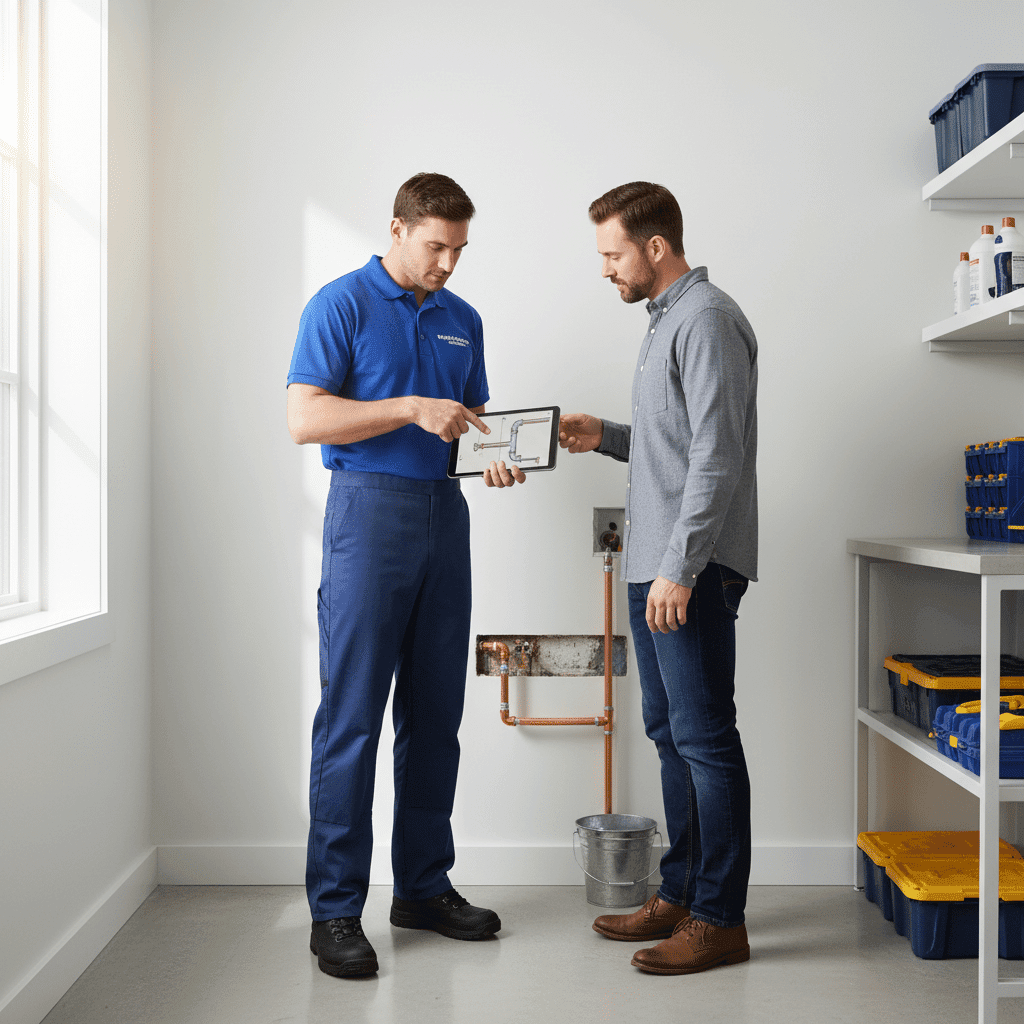 Plumber explaining repair options to Fort Myers homeowner