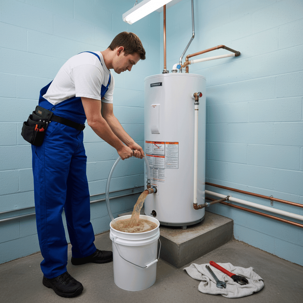 Plumber flushing sediment from water heater tank during maintenance