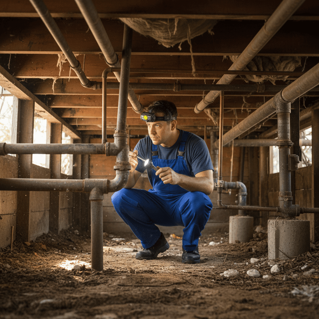 Plumber inspecting aging plumbing under older Fort Myers home