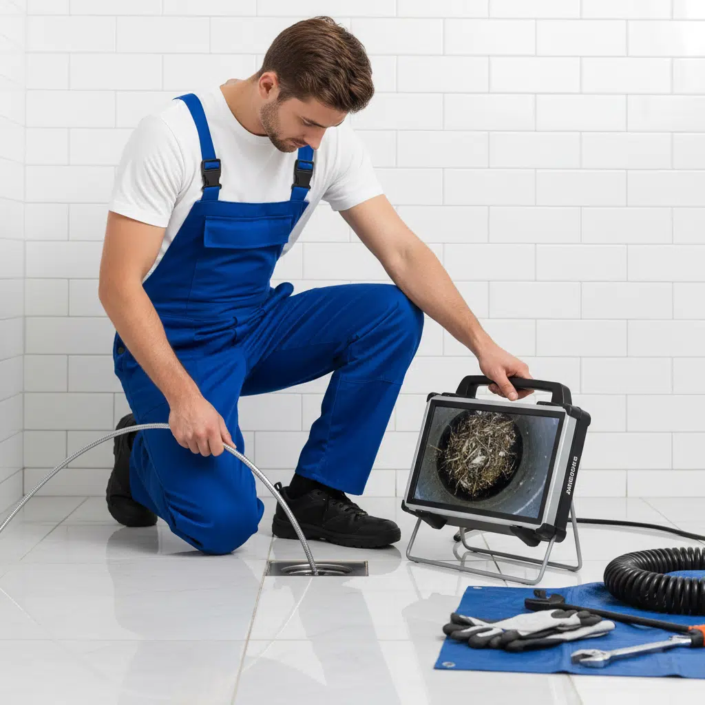 Plumber inspecting drain with sewer camera to diagnose blockage in Fort Myers home