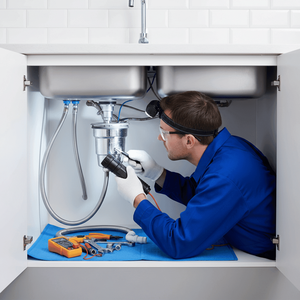 Plumber inspecting garbage disposal with flashlight in Fort Myers home