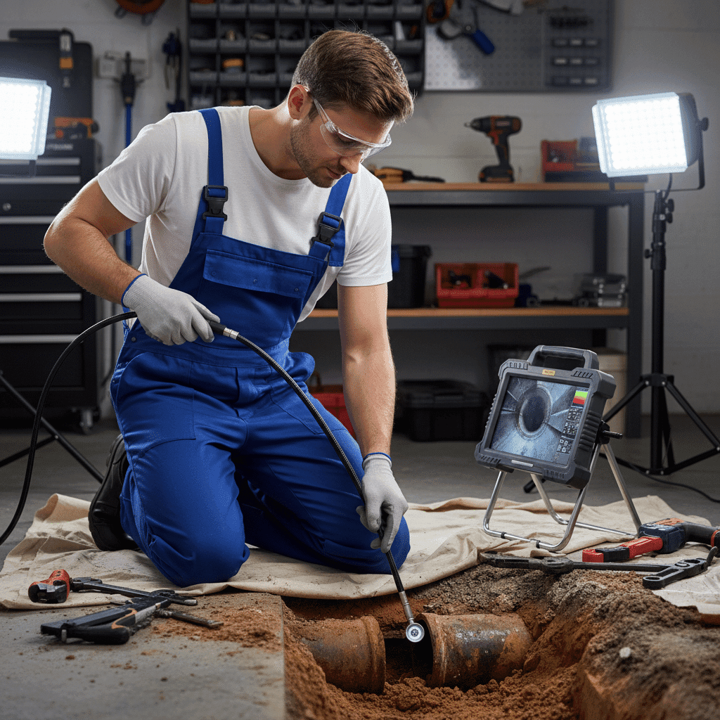 Plumber inspecting old drain pipe with camera in Cape Coral