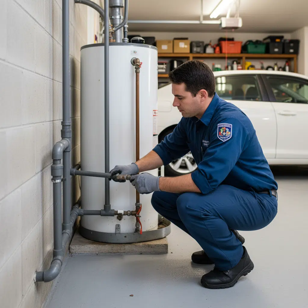 Plumber inspecting polybutylene pipes in a Florida home near Fort Myers