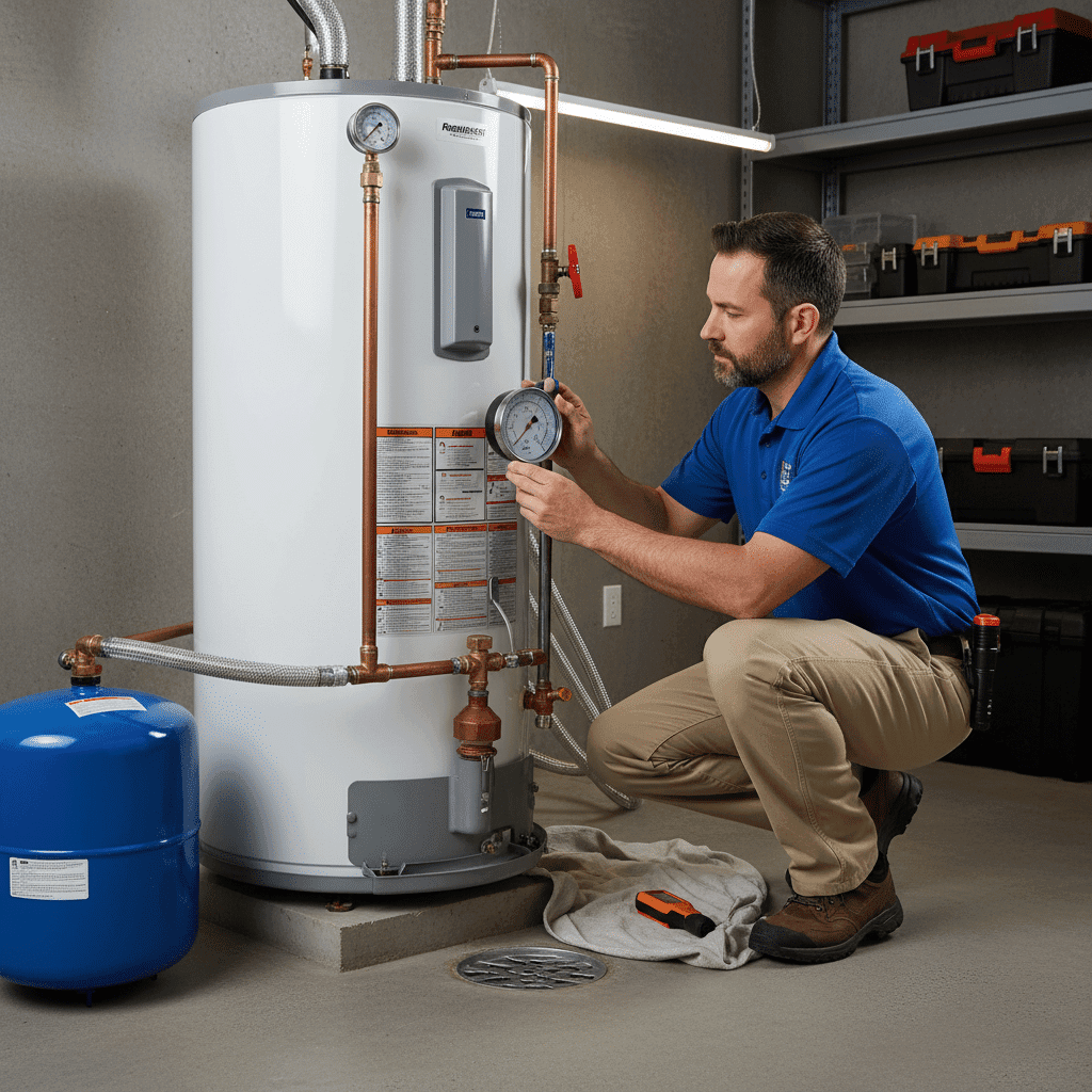 Plumber inspecting water heater temperature gauge setting in Fort Myers, Florida