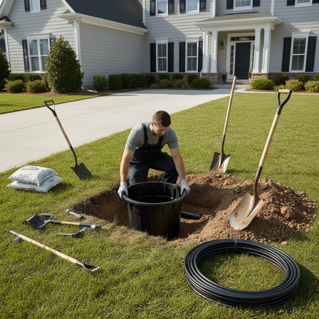 Plumber installing storm water catch basin at property