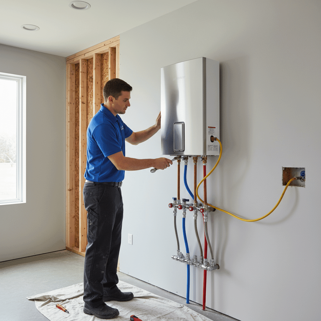 Licensed plumber installing tankless water heater on wall