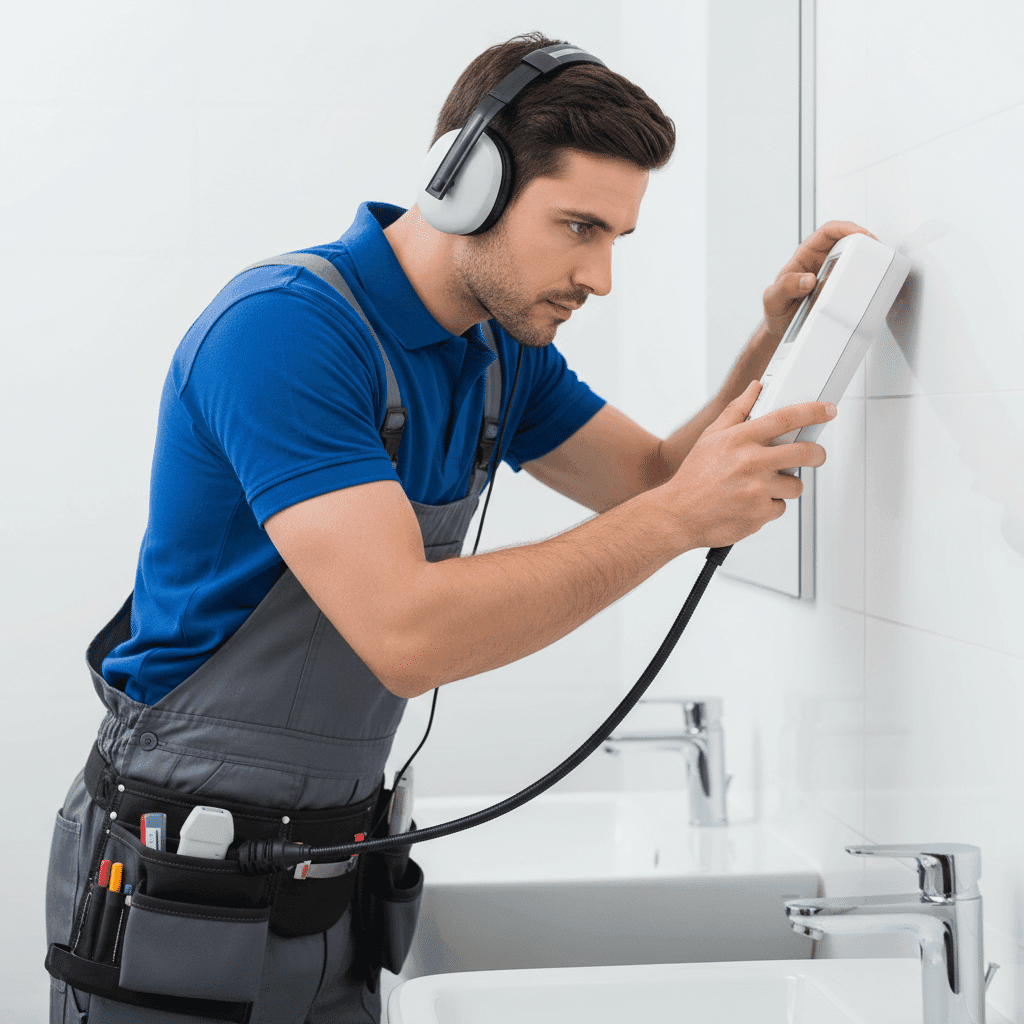 Plumber listening for leaks with electronic detection device