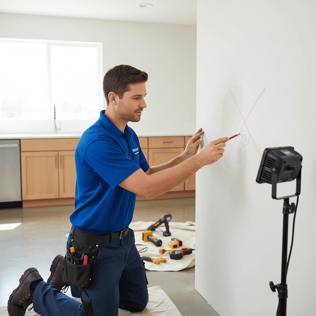 Plumber marking wall where hidden leak was located