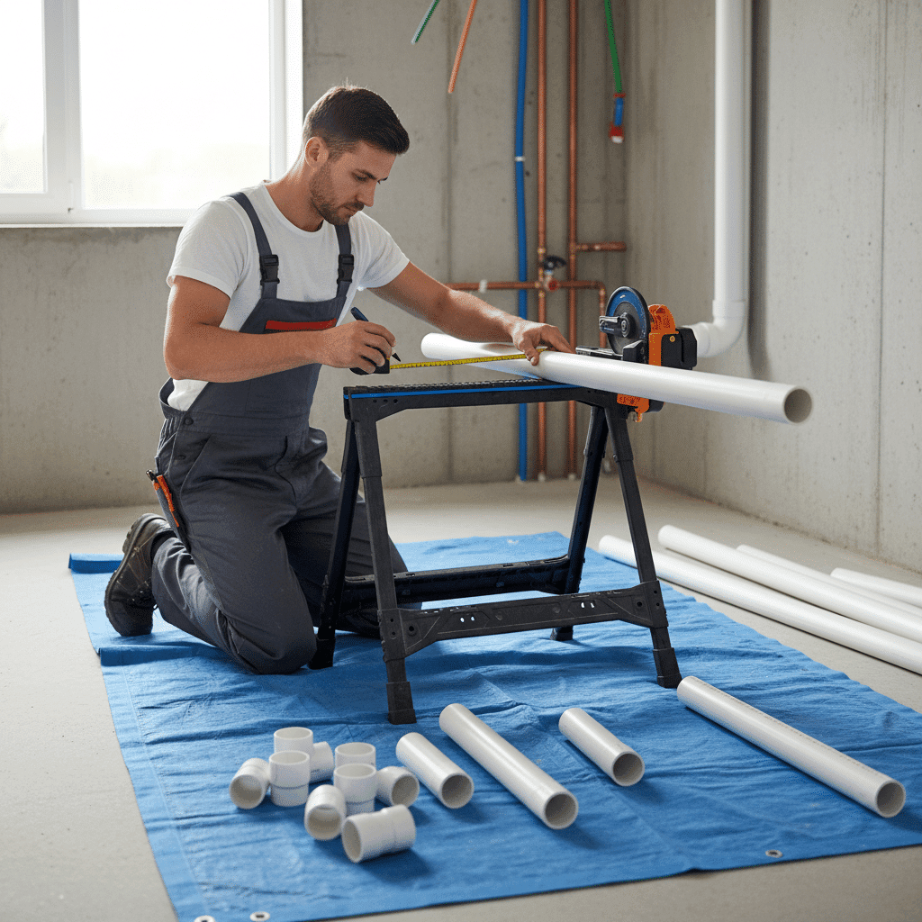 Plumber measuring and cutting drain pipe sections for installation