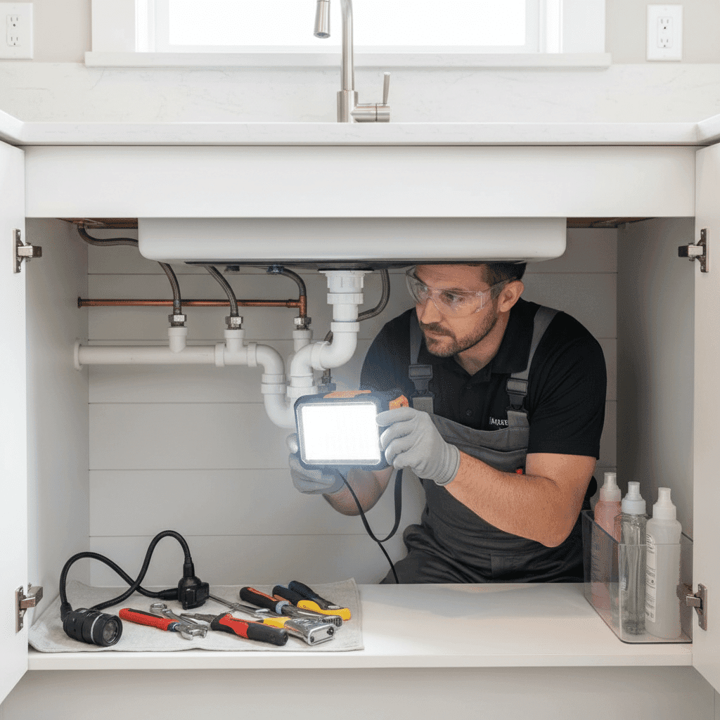 Plumber performing annual plumbing inspection in Fort Myers home