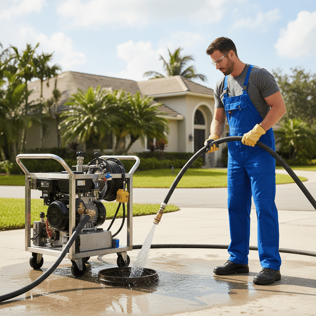 Professional plumber performing preventive hydro jetting before Fort Myers storm season